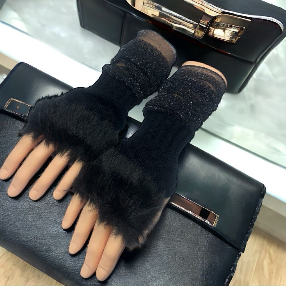SXY l Custom Set l Elegant Black Arm Sleeves (Sheer) Fuzzy Fingerless Gloves New